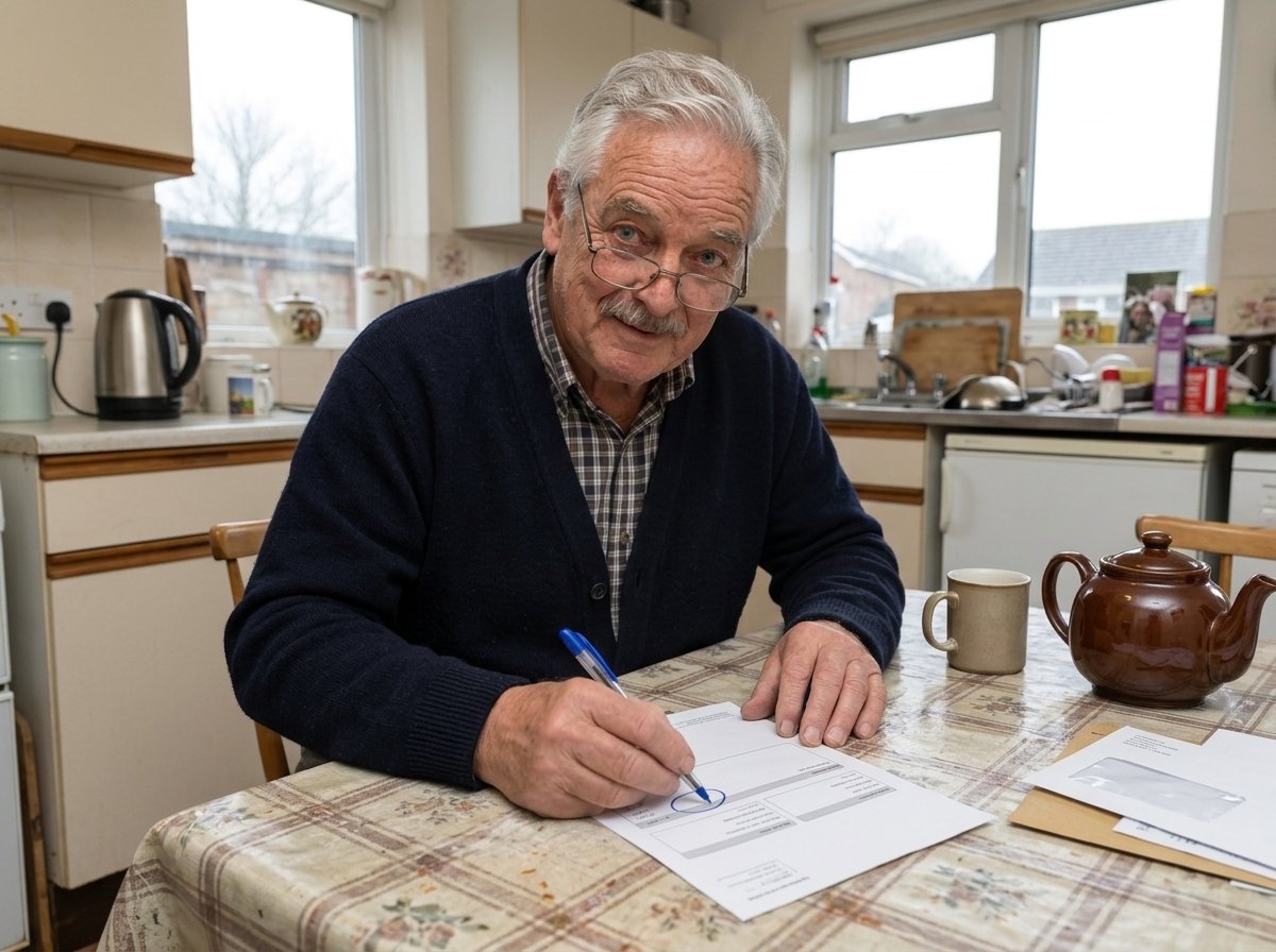 Arthur at his kitchen table circling a line on an energy bill