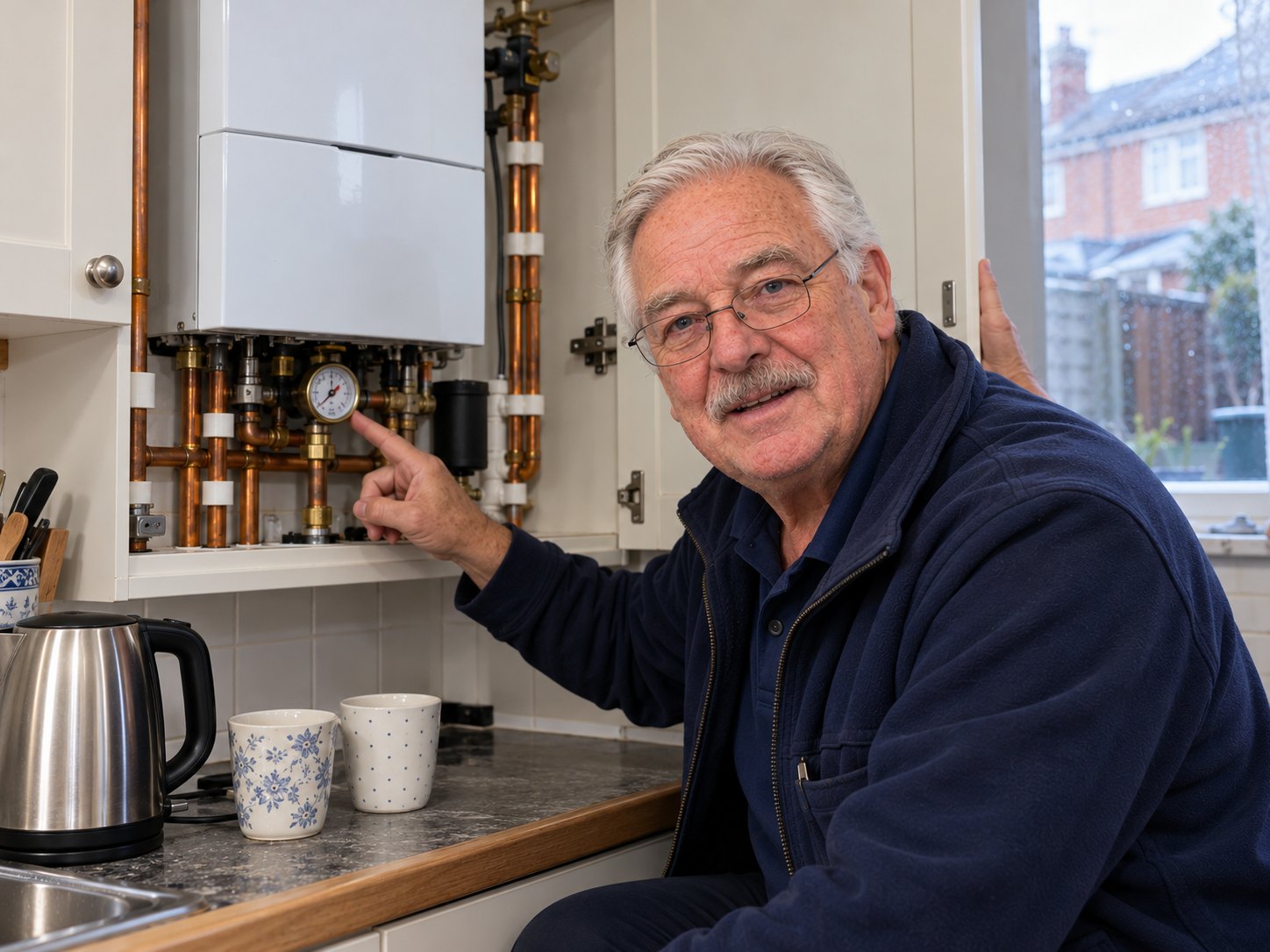 Arthur Bramley pointing at the pressure gauge under a combi boiler in a British kitchen