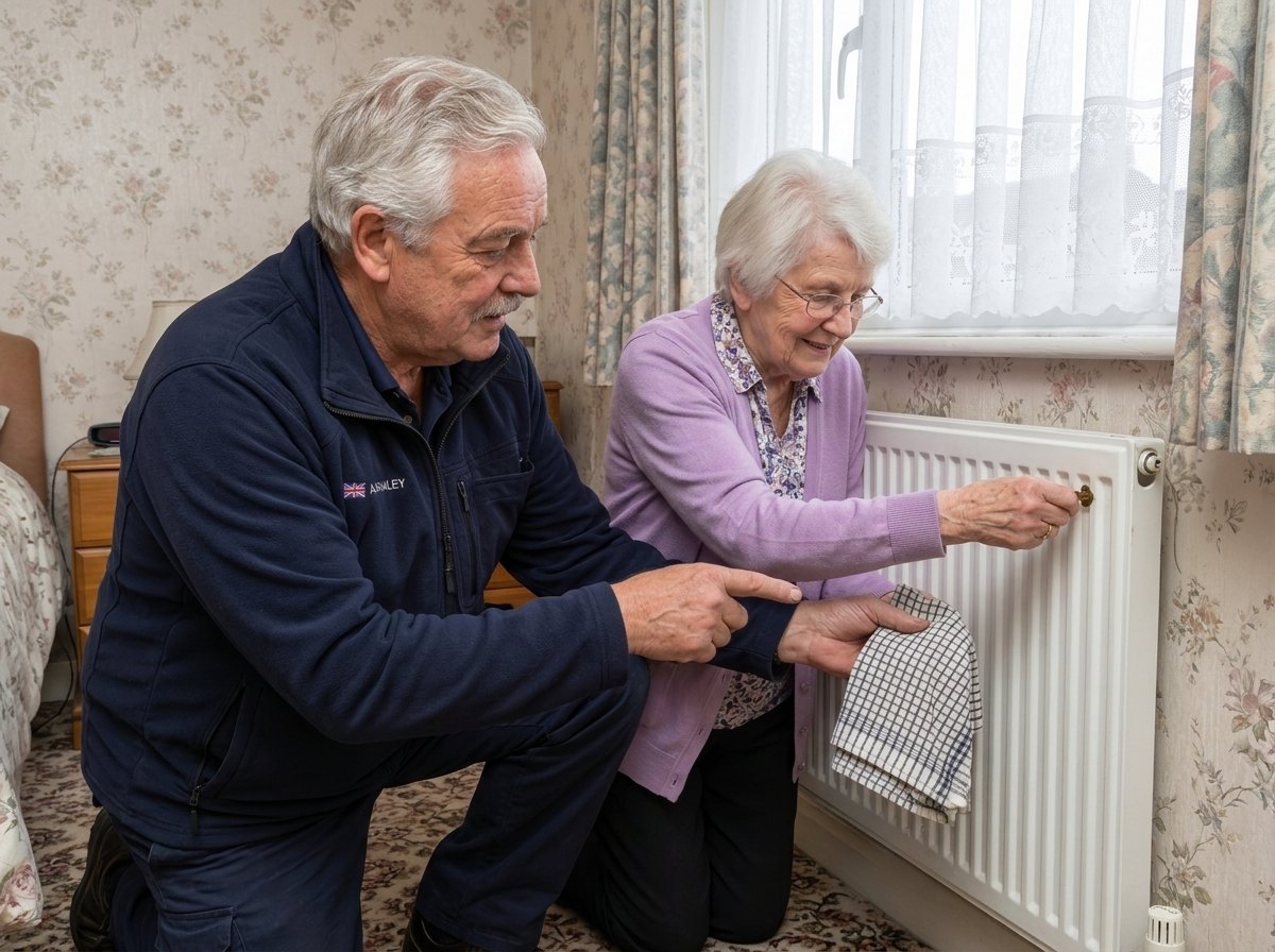 Arthur showing a neighbour how to bleed a radiator with a radiator key and a tea towel