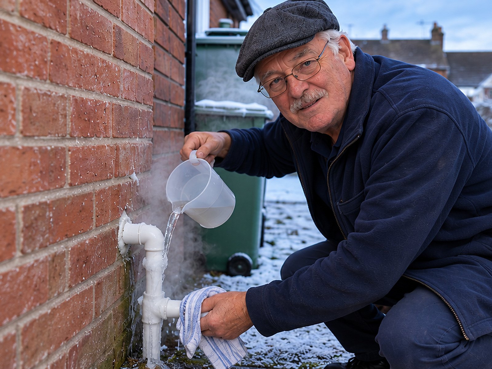 Arthur pouring warm water over a frozen boiler condensate pipe in the frost