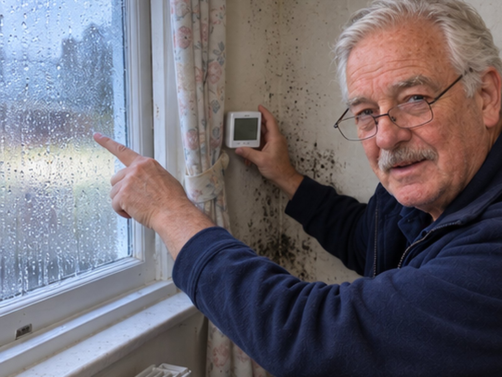 Arthur checking the humidity next to a window streaming with condensation and black mould