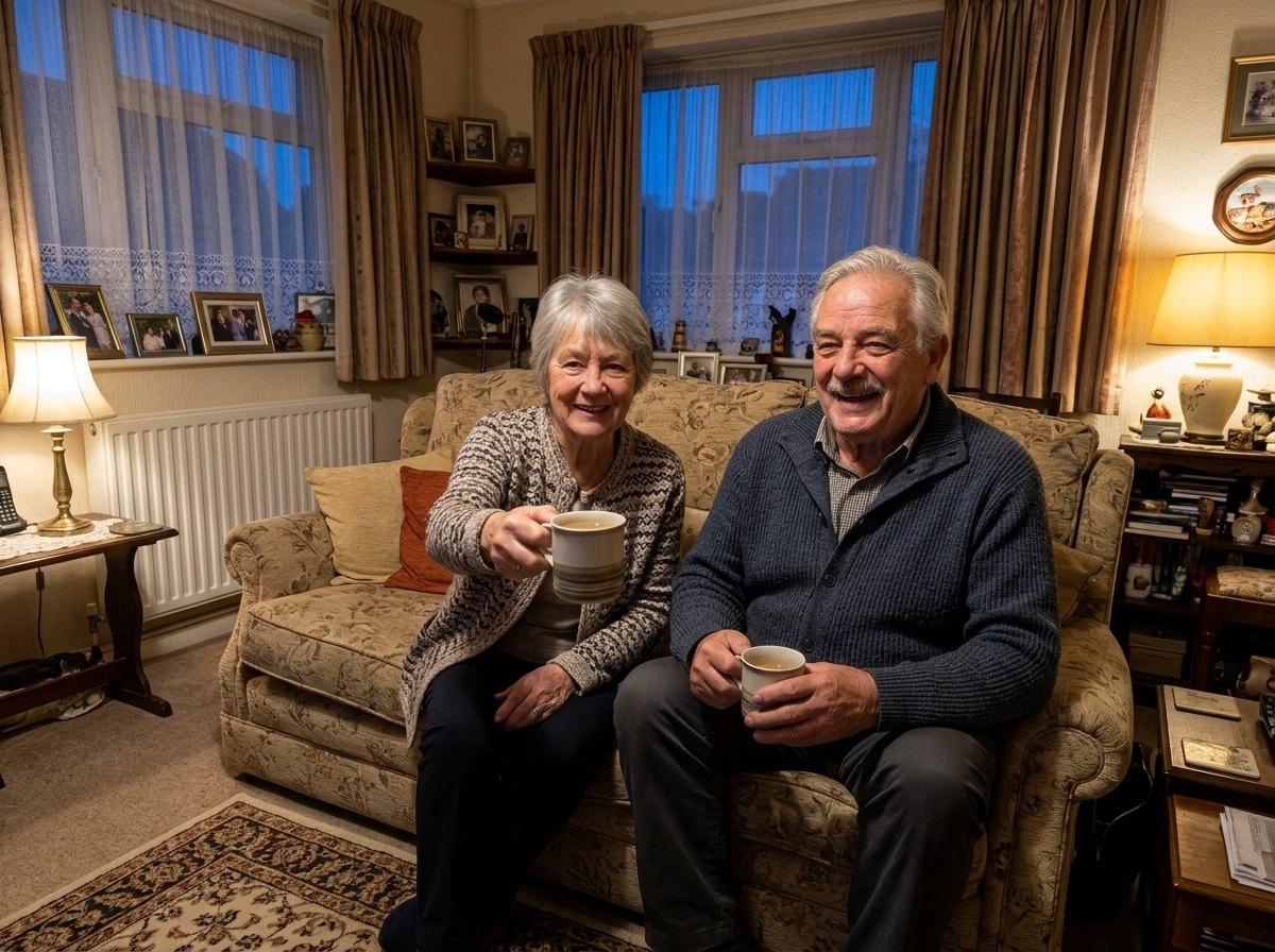 An older British couple on the sofa with cups of tea in a warm living room